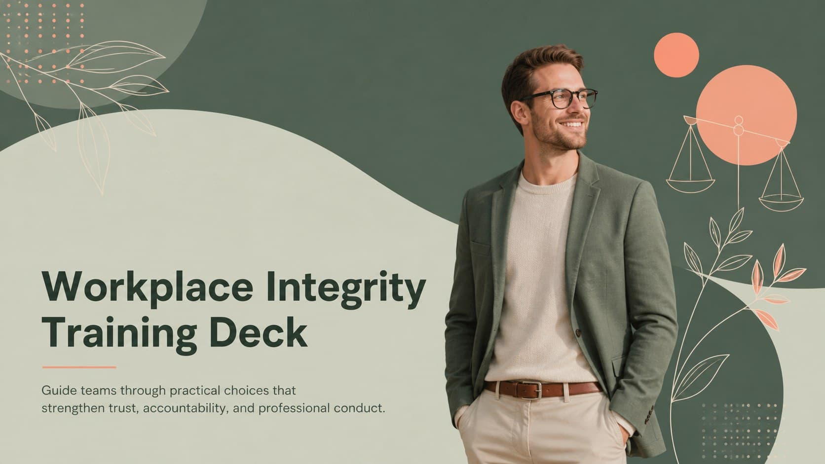Cover of a workplace integrity training deck with elegant green and pink business graphics.