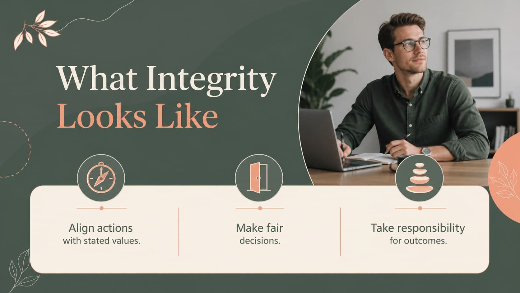 Business ethics training presentation slide defining integrity through actions and accountability.