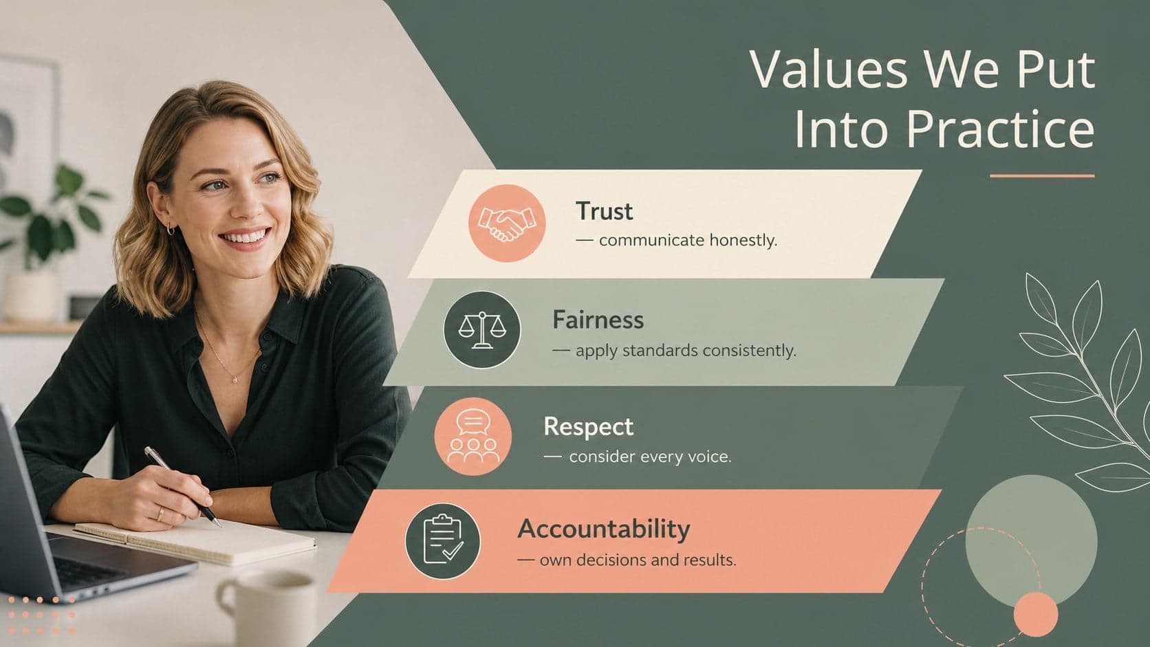 Workplace values discussion slide showing trust, fairness, respect, and accountability.