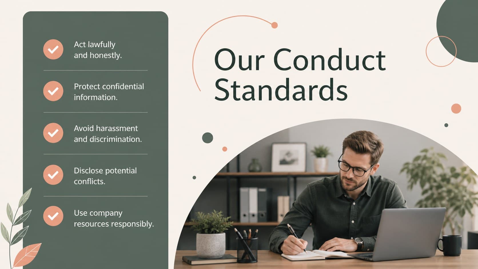 Employee code of conduct deck slide outlining clear standards for professional behavior.