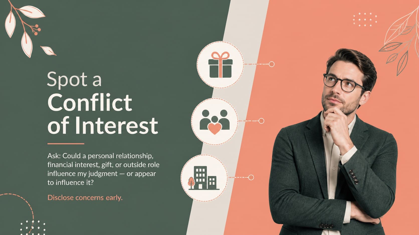 Conflict of interest presentation slide comparing personal interests with workplace duties.