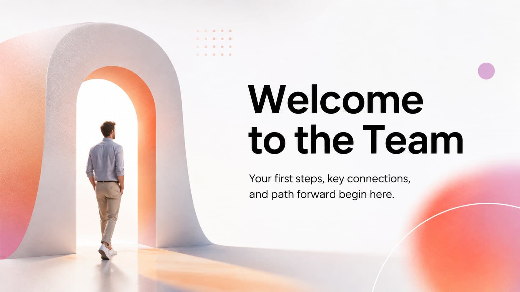 Minimal employee induction welcome slide featuring a concise message for new starters.