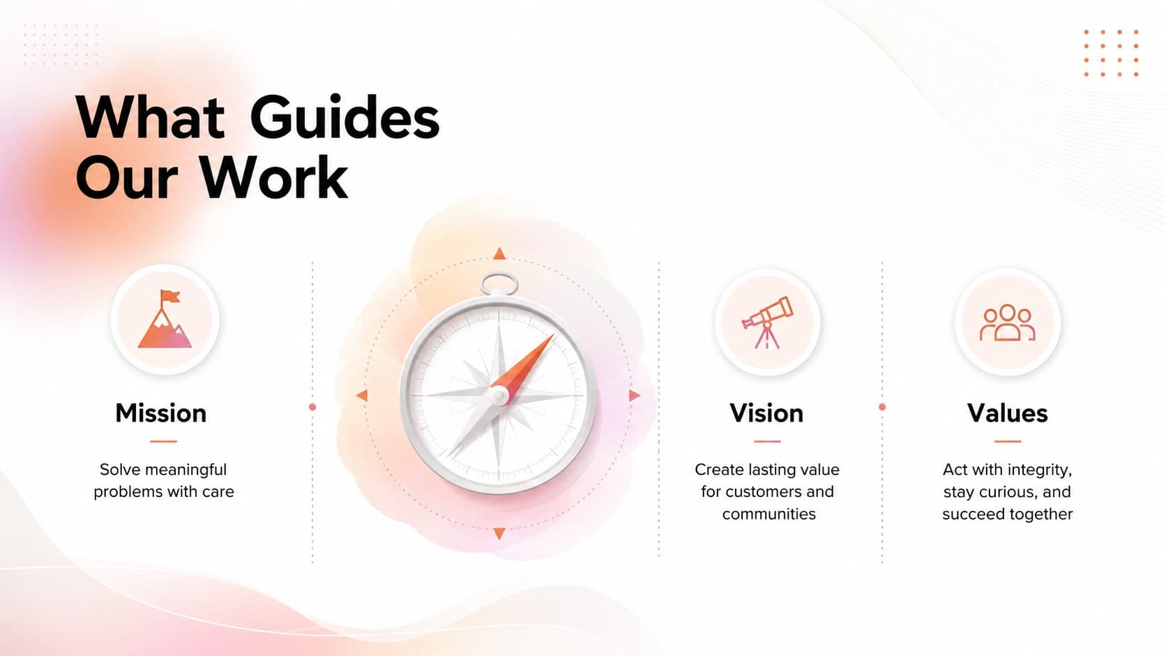 Company culture onboarding presentation slide outlining mission, vision, and values.