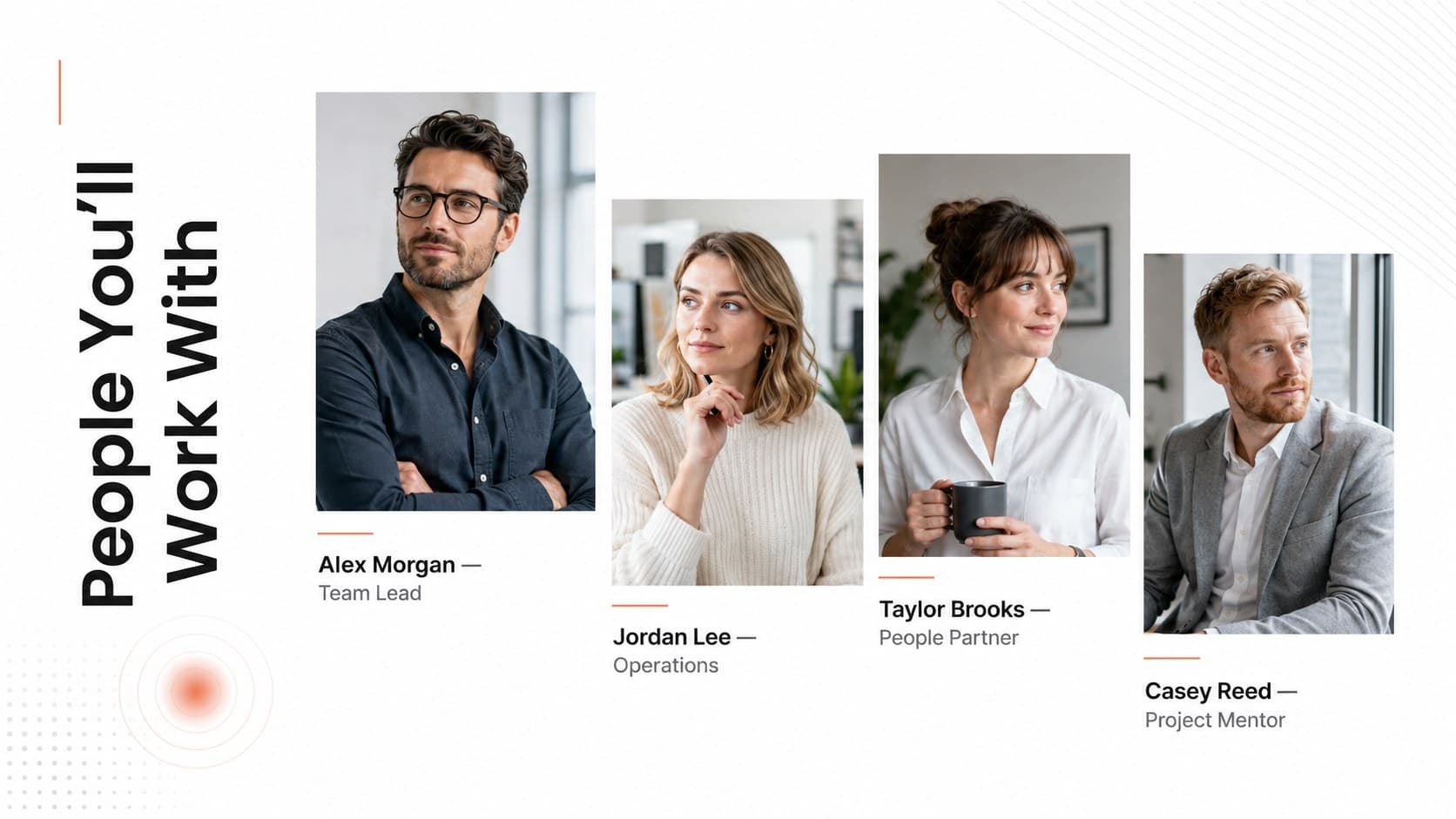 Team introduction slide for employees with editable names, roles, and portrait areas.