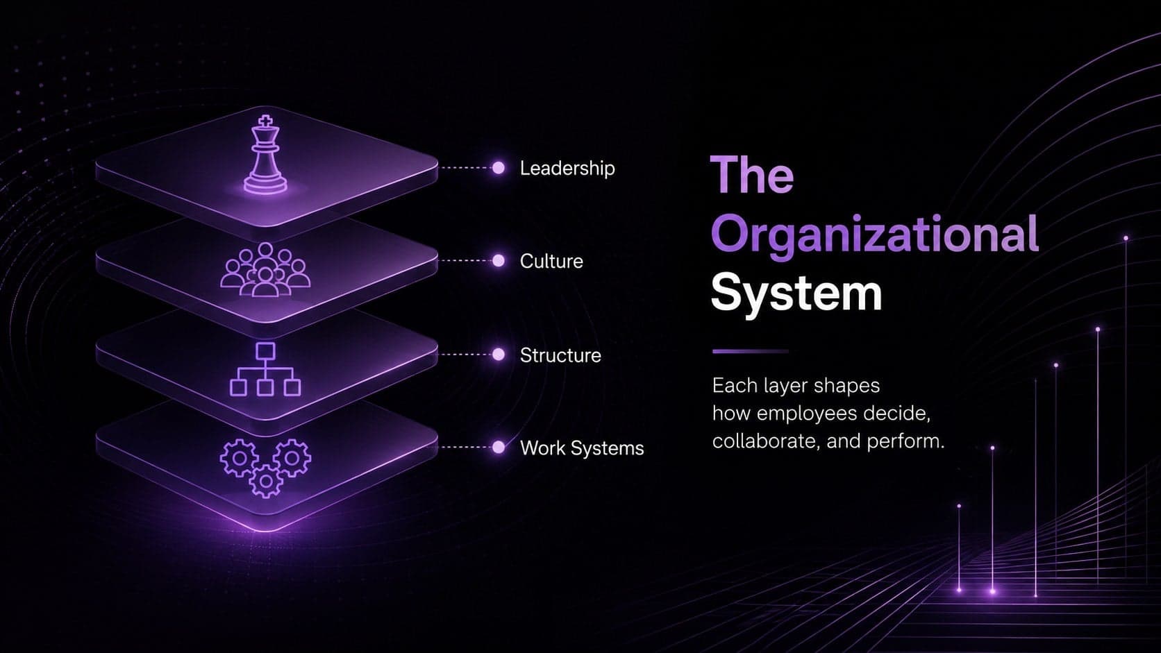 Organizational psychology slide mapping leadership, culture, structure, and systems.