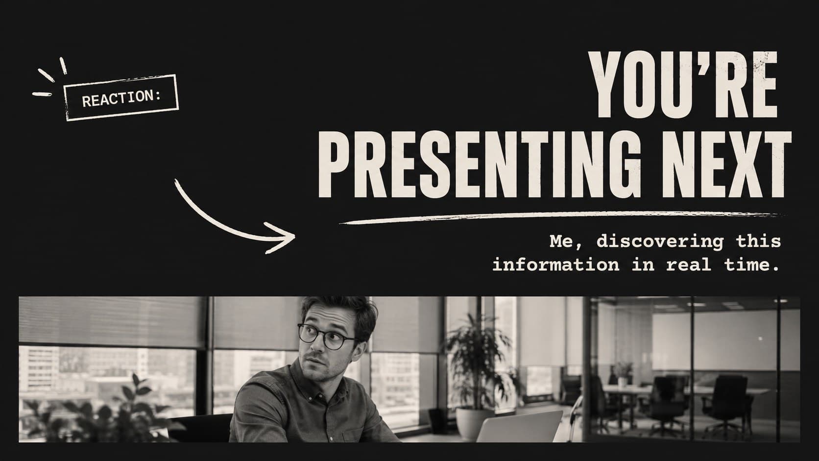 Funny team meeting slide with a new employee character reacting to an unexpected presentation request.