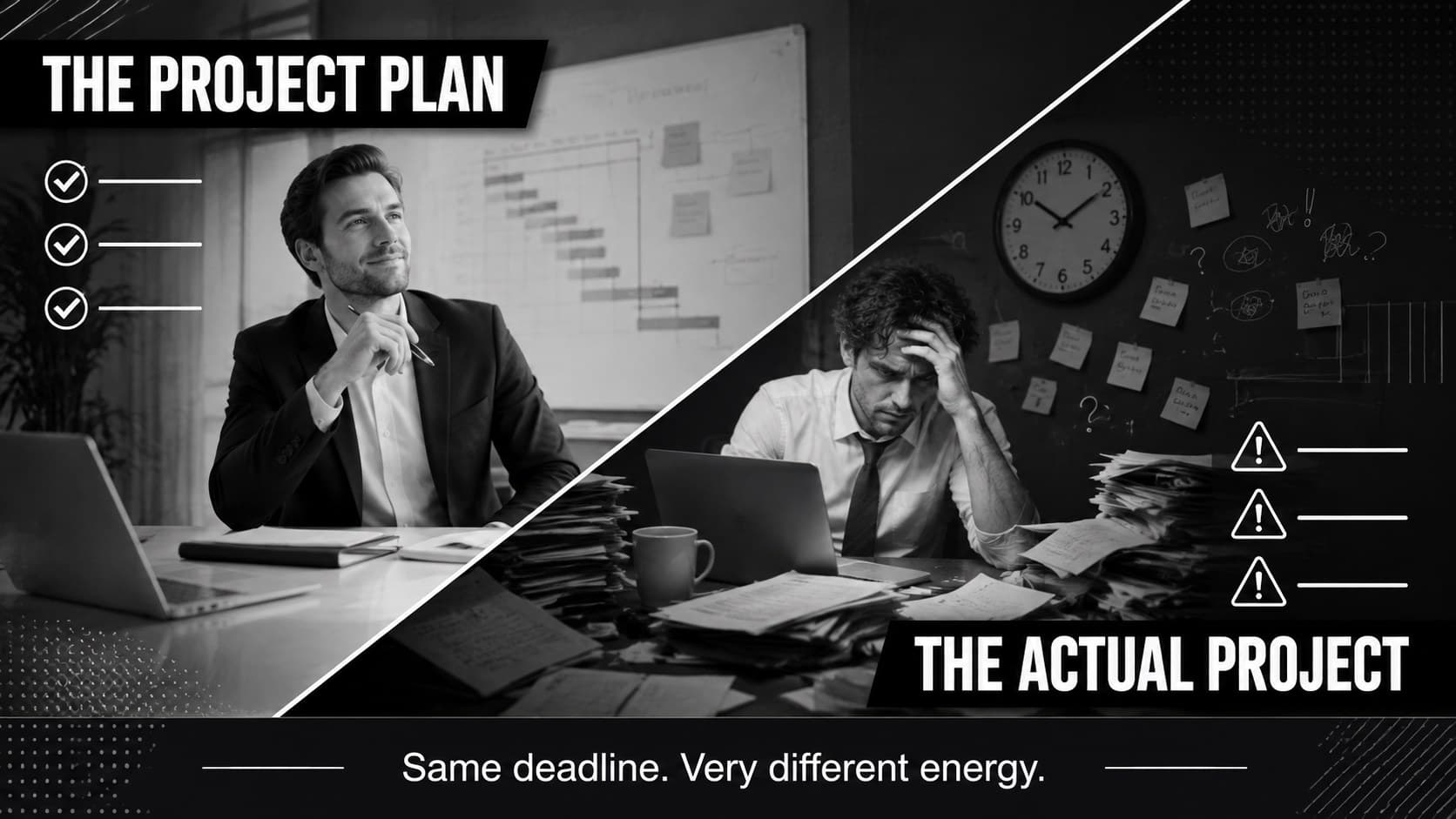 Black photo meme slide illustrating the contrast between a project plan and its actual outcome.
