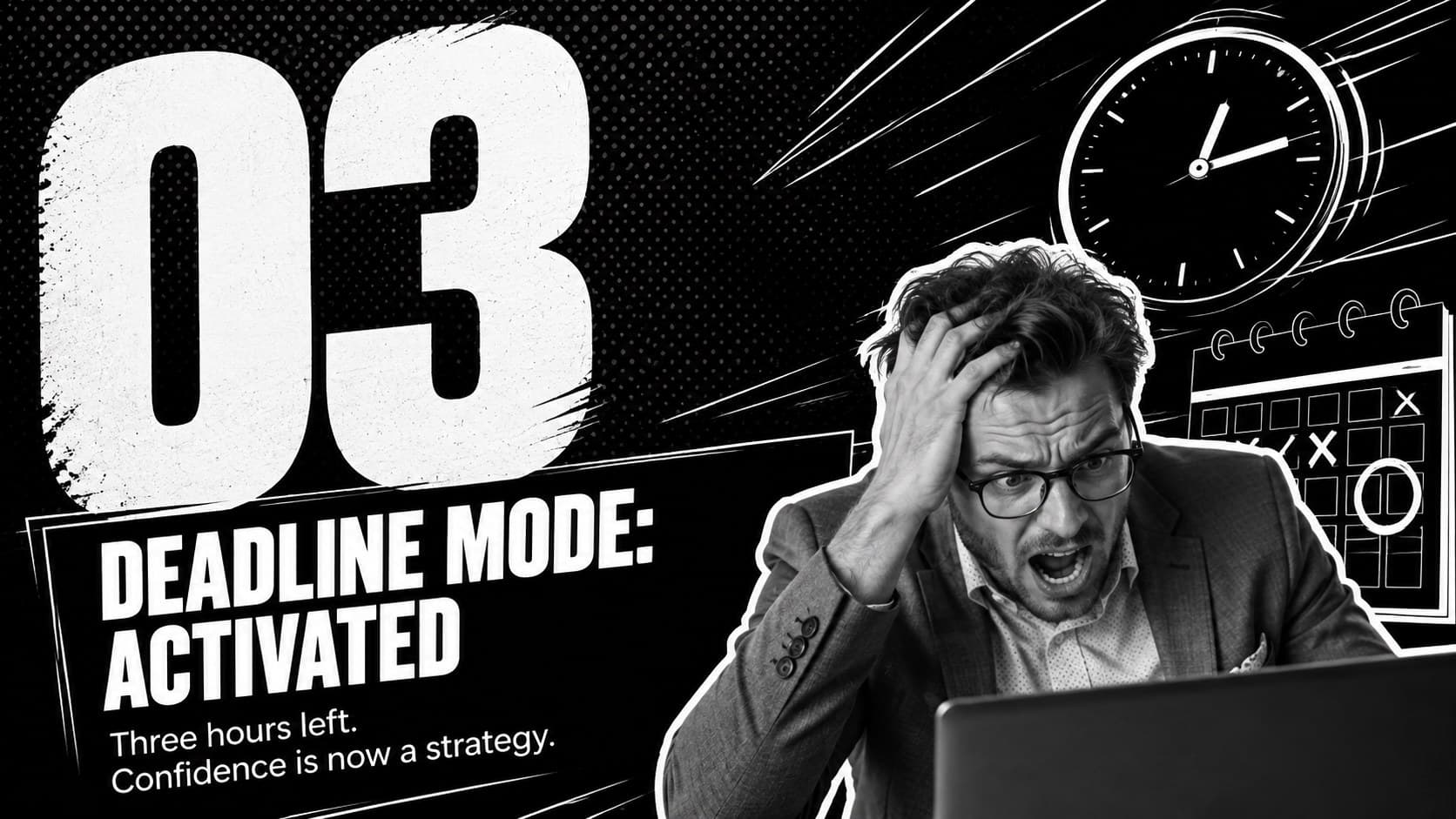 Corporate humor presentation slide featuring a deadline countdown and an original stressed employee.