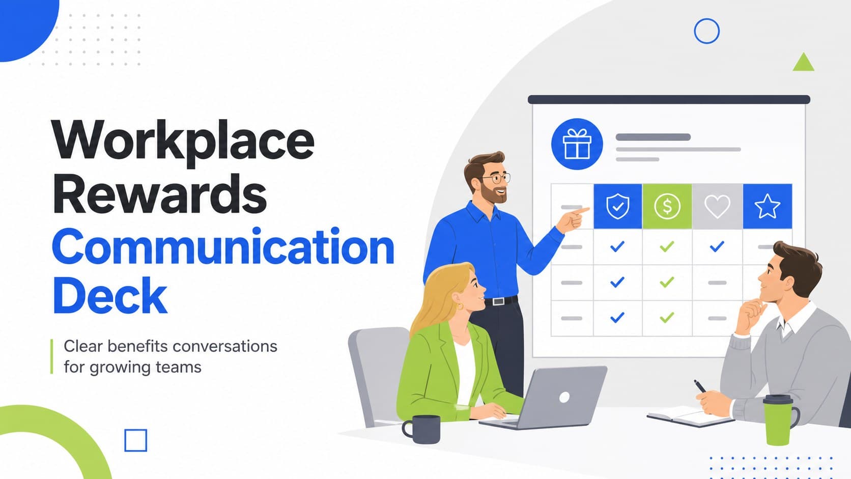 Cover slide for a workplace rewards presentation with modern blue and green illustrations.