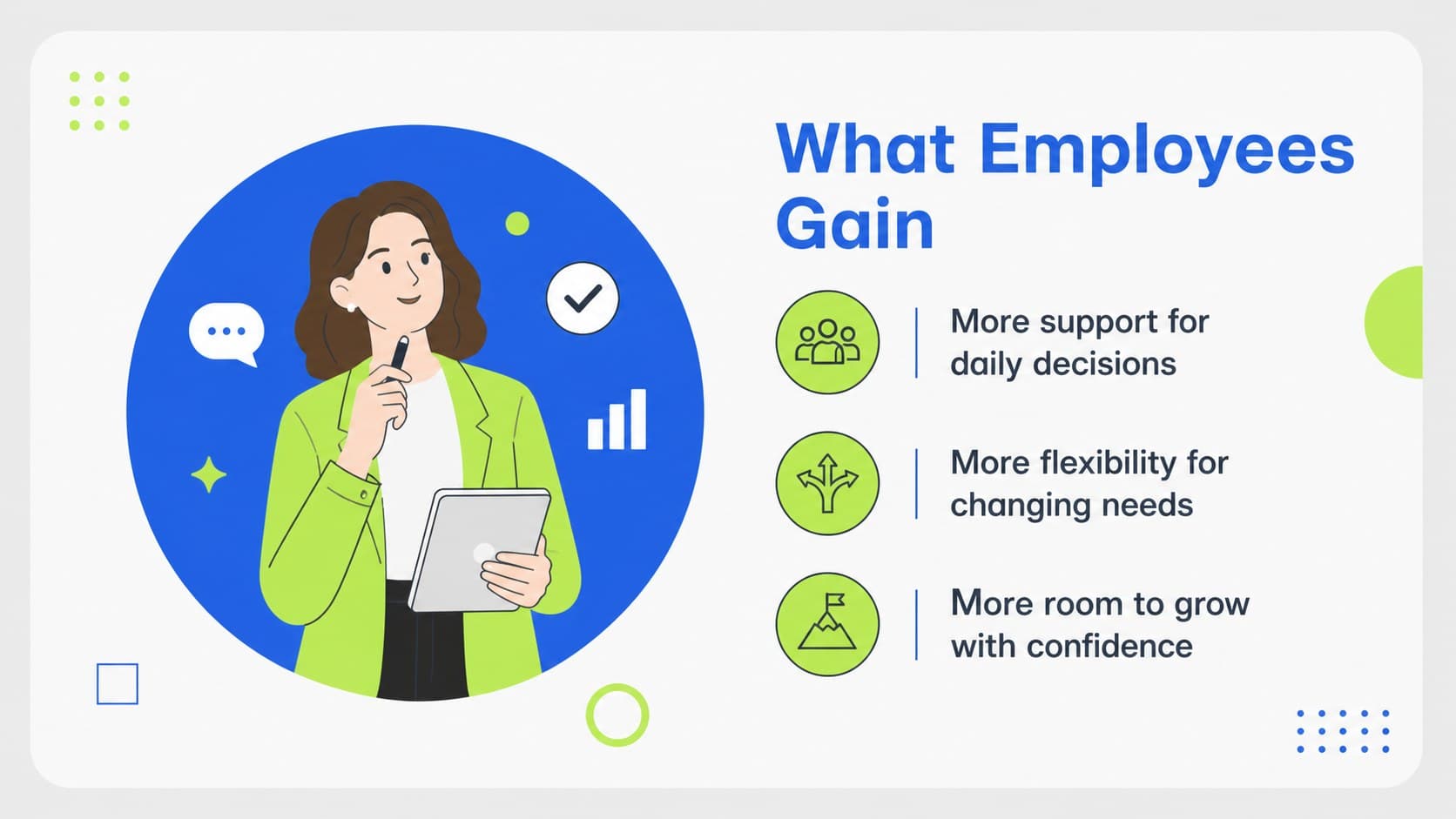 Employee value slide highlighting health, flexibility, and financial wellbeing.