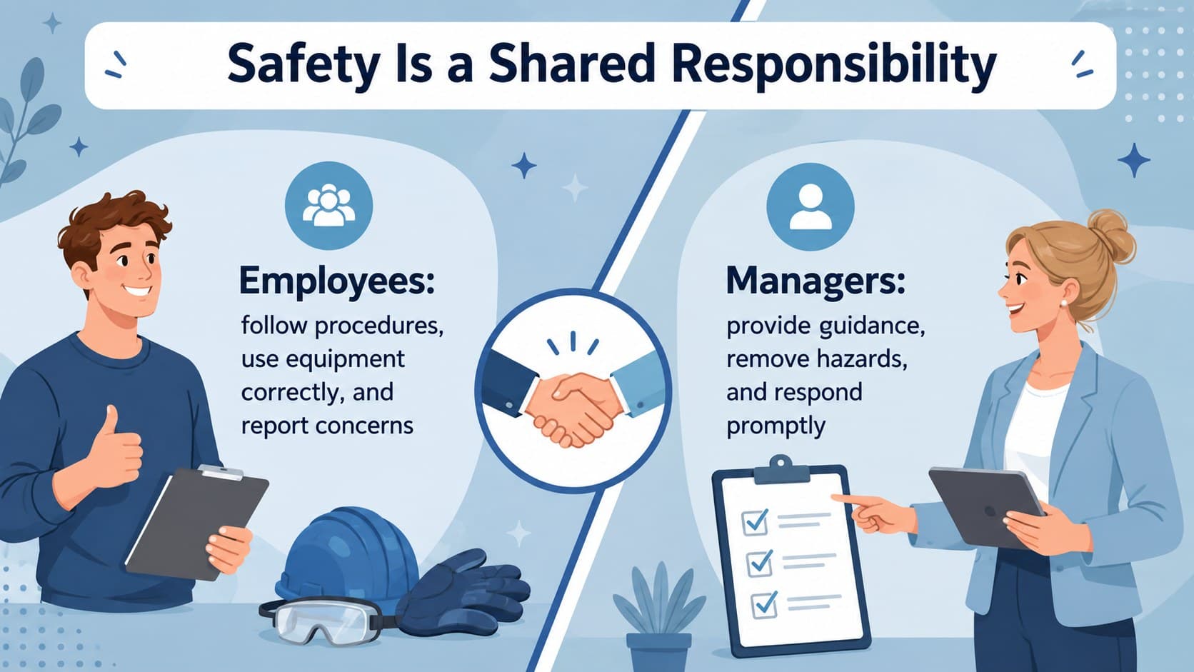 Employee training slide outlining shared workplace safety responsibilities for staff and managers.