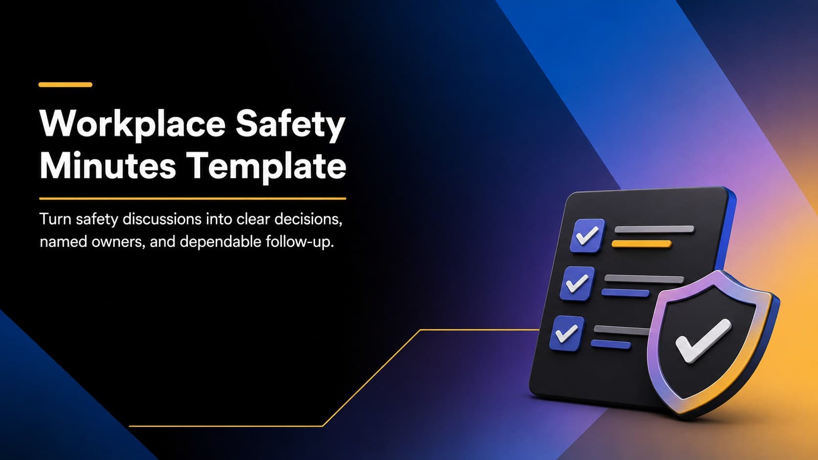 Cover of a Workplace Safety Minutes Template with a blue, purple, black, and yellow gradient design.