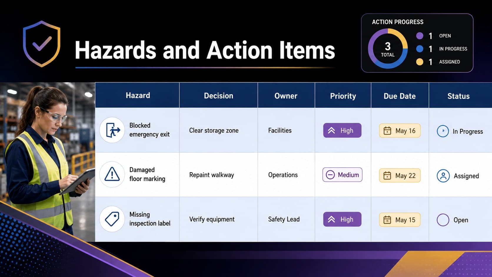 Workplace hazard action item tracker showing risks, assigned owners, priorities, due dates, and progress.