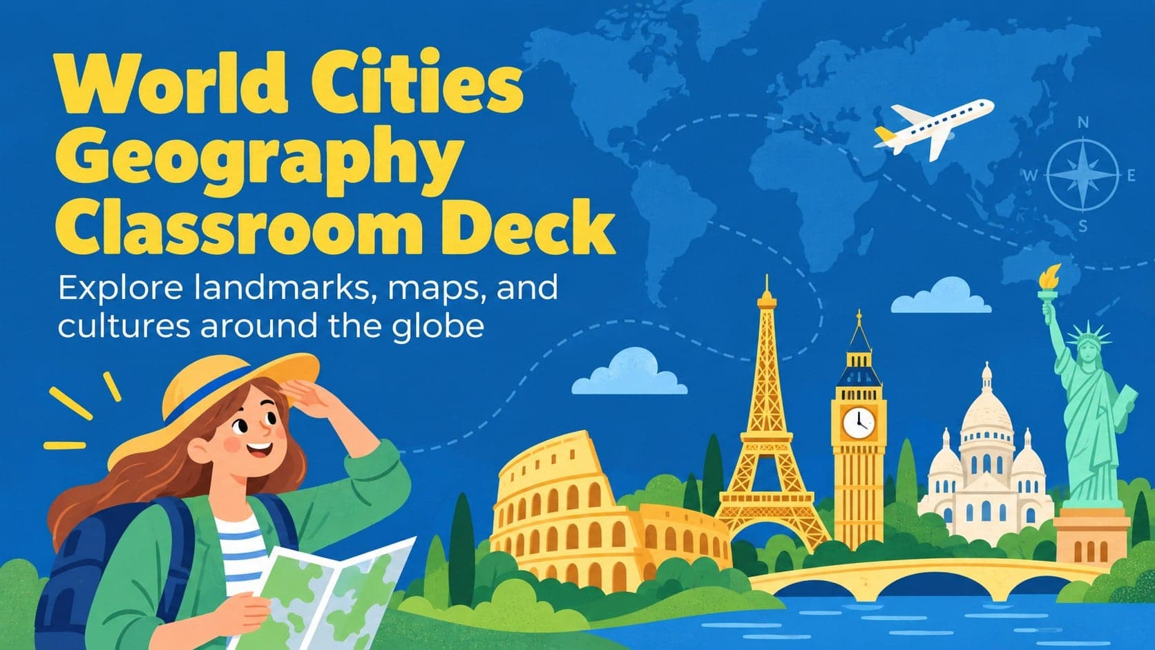 Cover slide for a world cities geography deck with colorful illustrated landmarks and a classroom-friendly title.