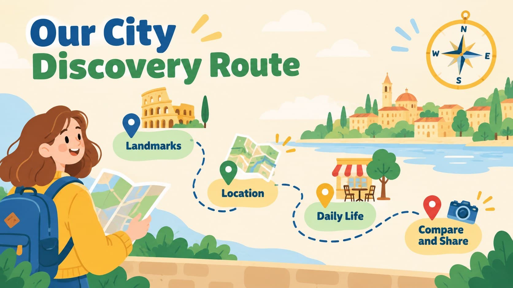 World cities geography deck agenda slide showing a colorful route through lesson topics.
