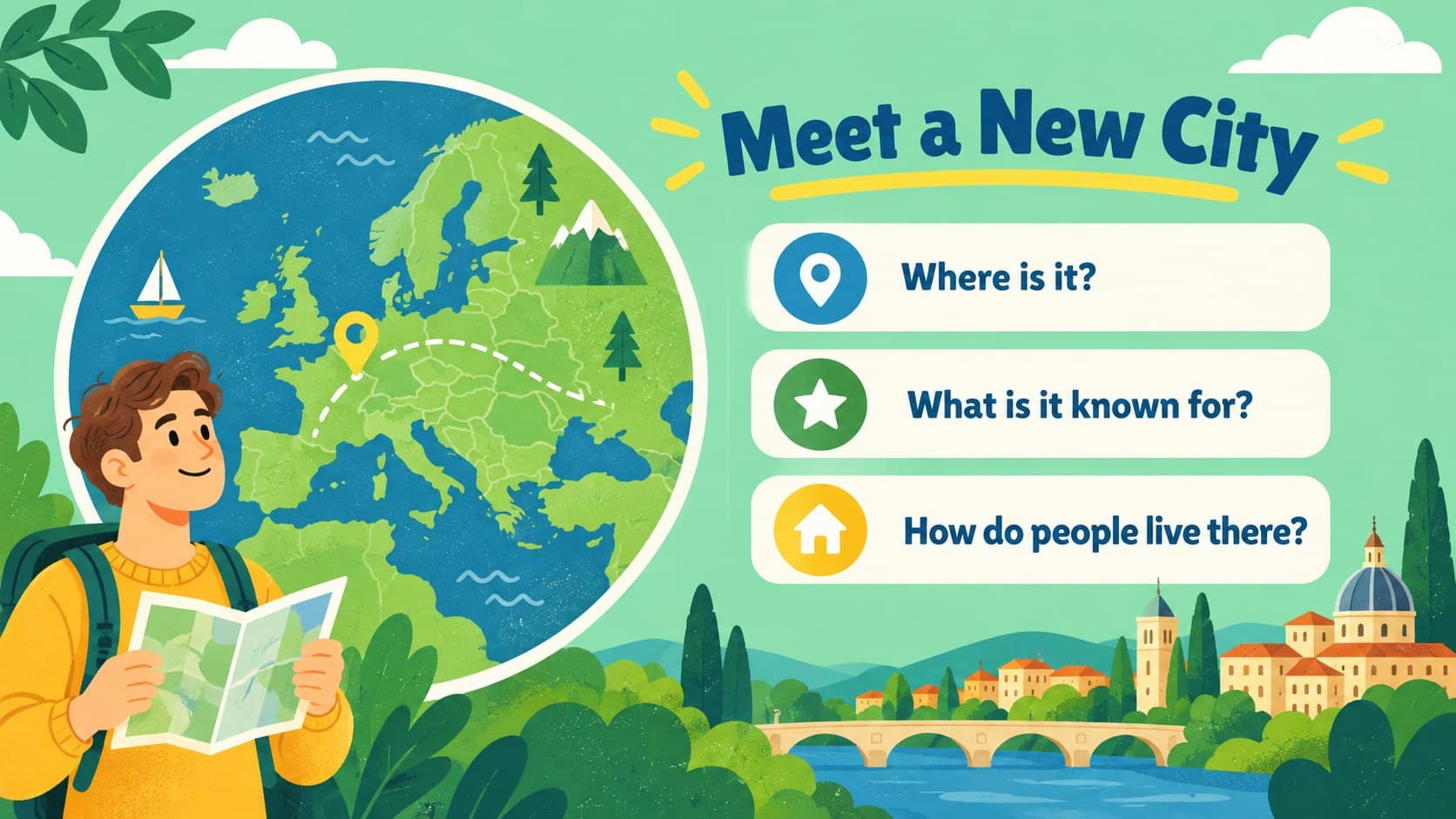 Illustrated geography presentation slide introducing a global city with a map and landmark callouts.