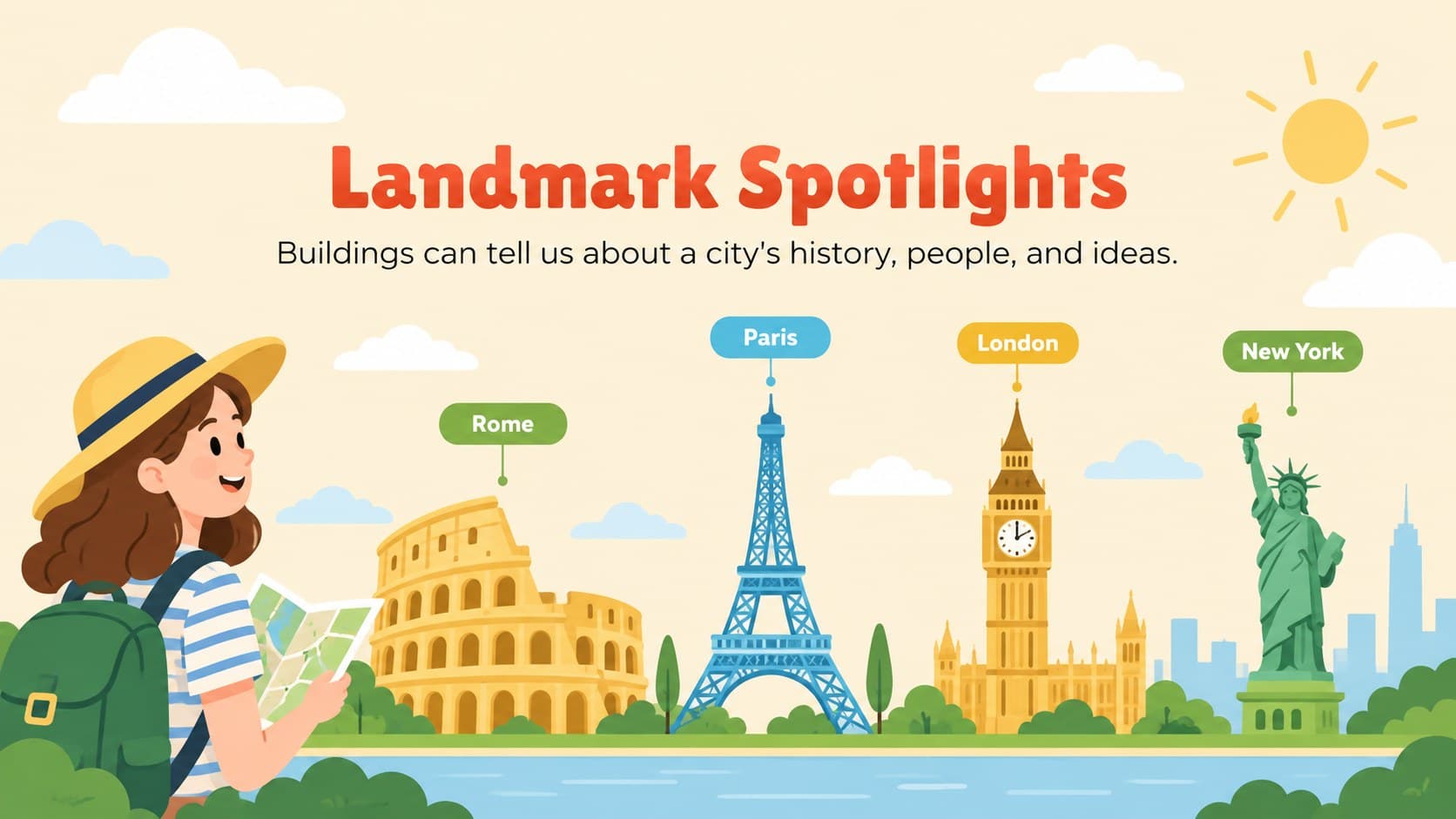 City landmarks classroom slide with illustrated buildings, labels, and short geography facts.