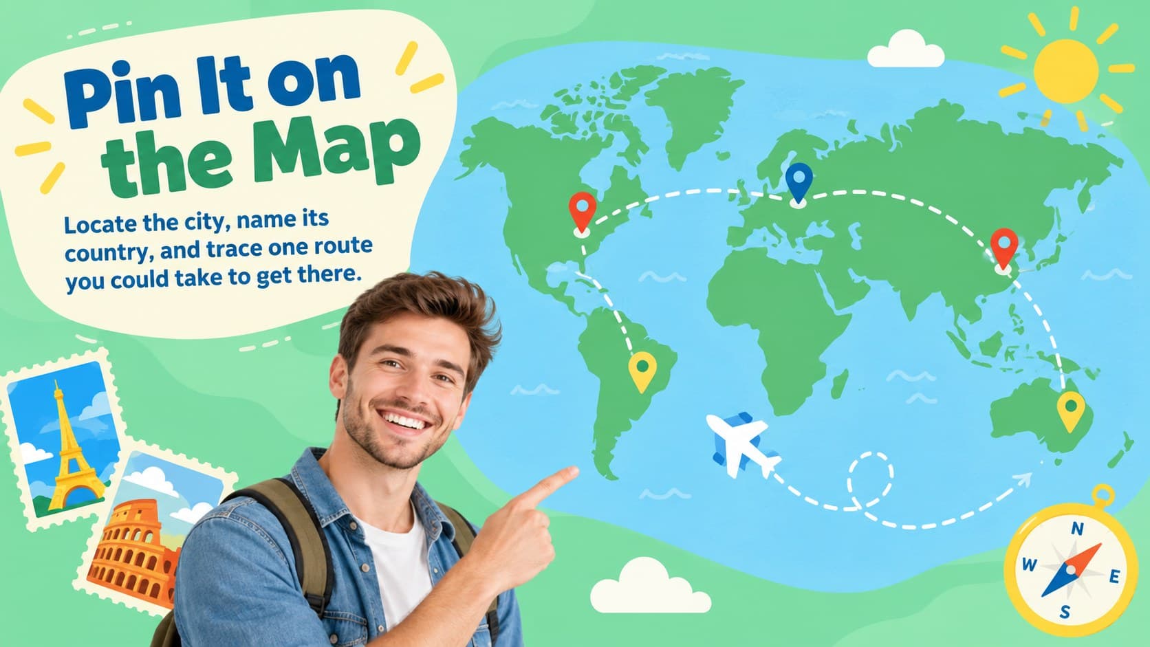 World map activity slide for an illustrated geography presentation with city markers and student prompts.
