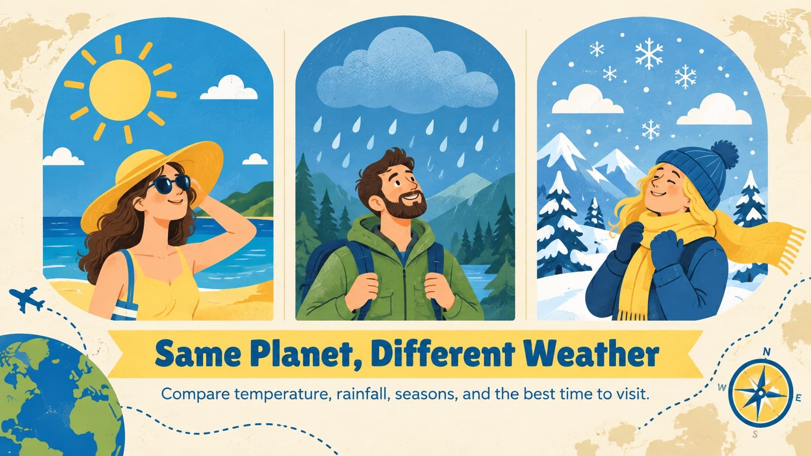 Global geography lesson slide comparing city climates with illustrated weather symbols and facts.