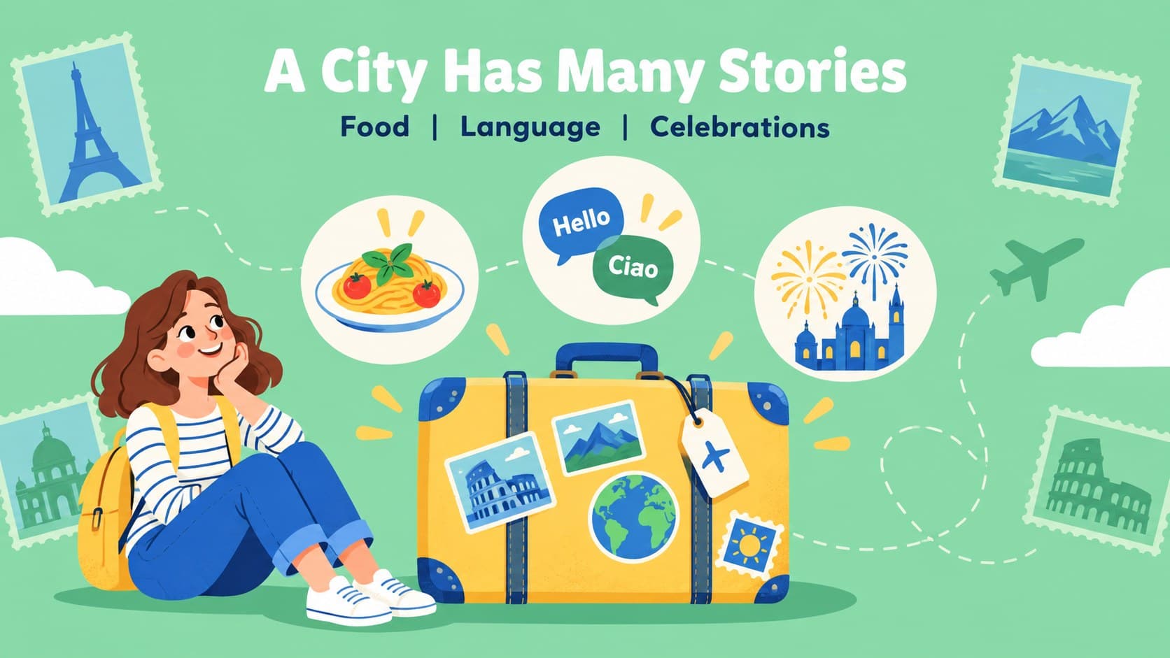 Cultural geography school project slide showing food, language, and traditions in a world city.