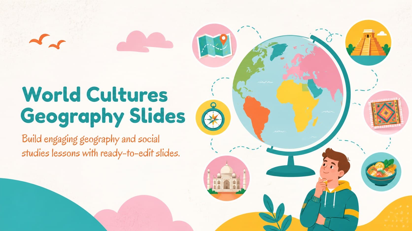 Cover slide for a world cultures geography lesson with a pastel illustrated map and classroom-friendly title treatment.