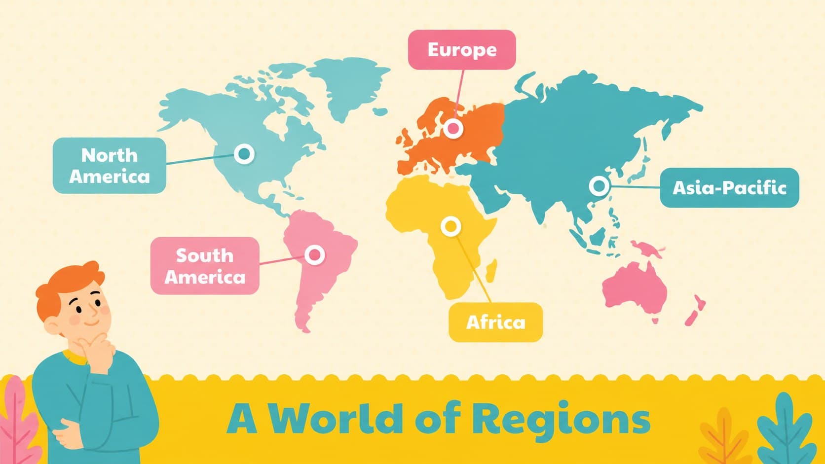 Illustrated map slide introducing global regions for a geography classroom presentation.
