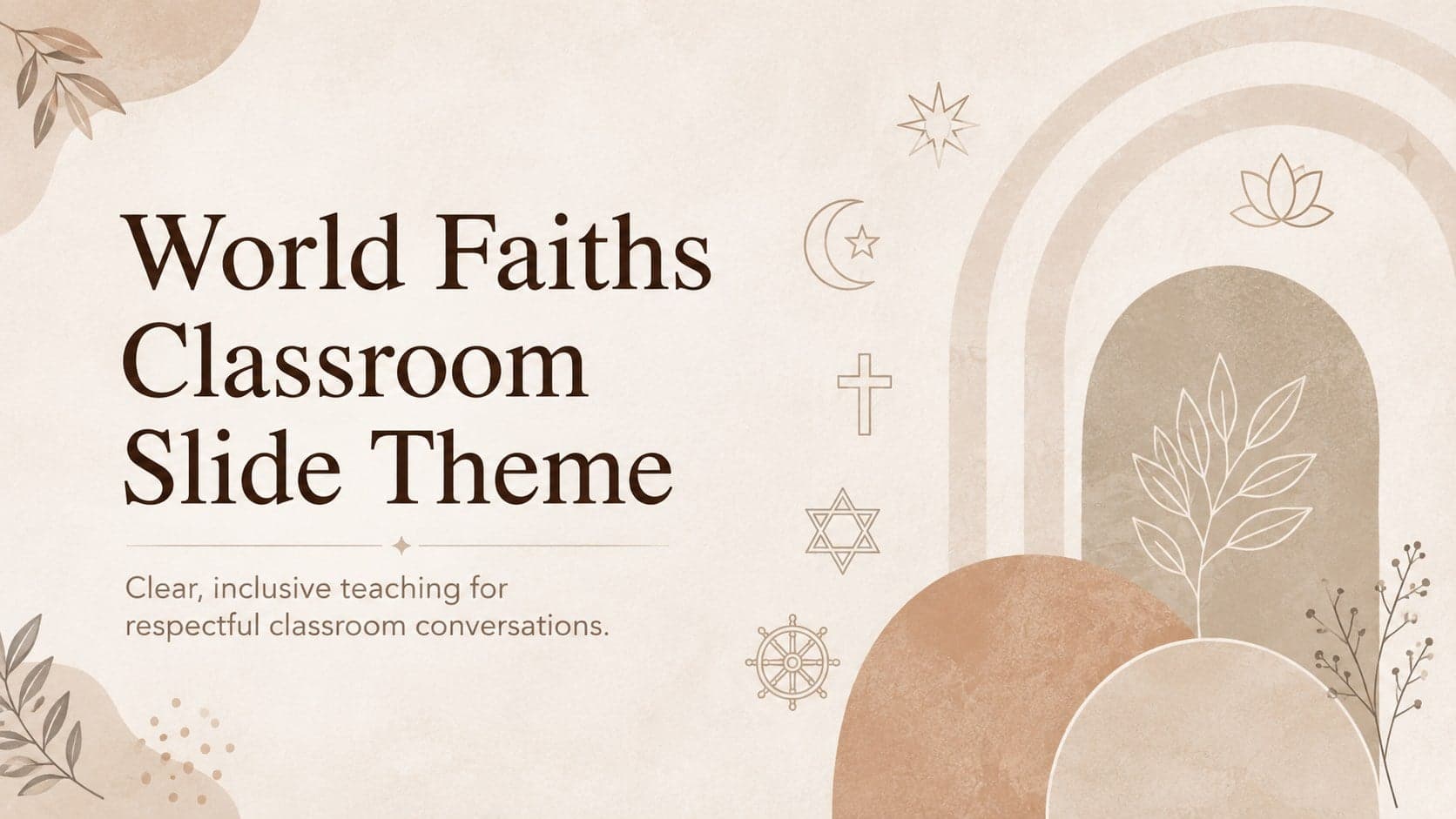 Cover for a world faiths classroom slide theme with neutral beige shapes and original cultural symbols.