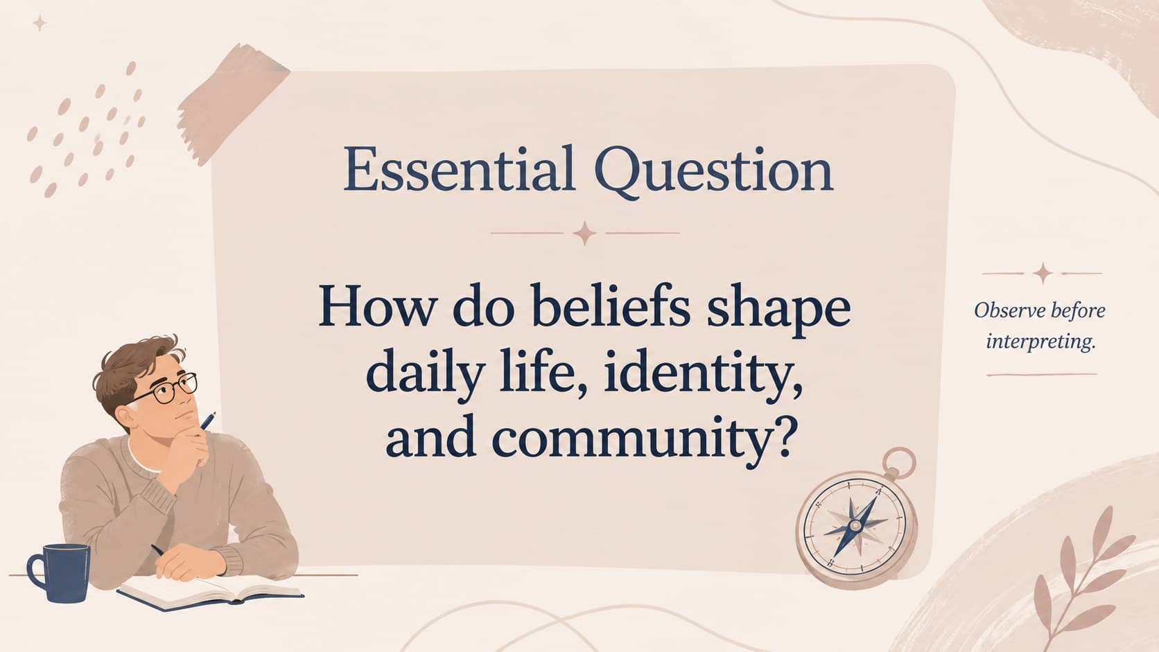 Inclusive religion classroom presentation slide centered on an essential inquiry question.