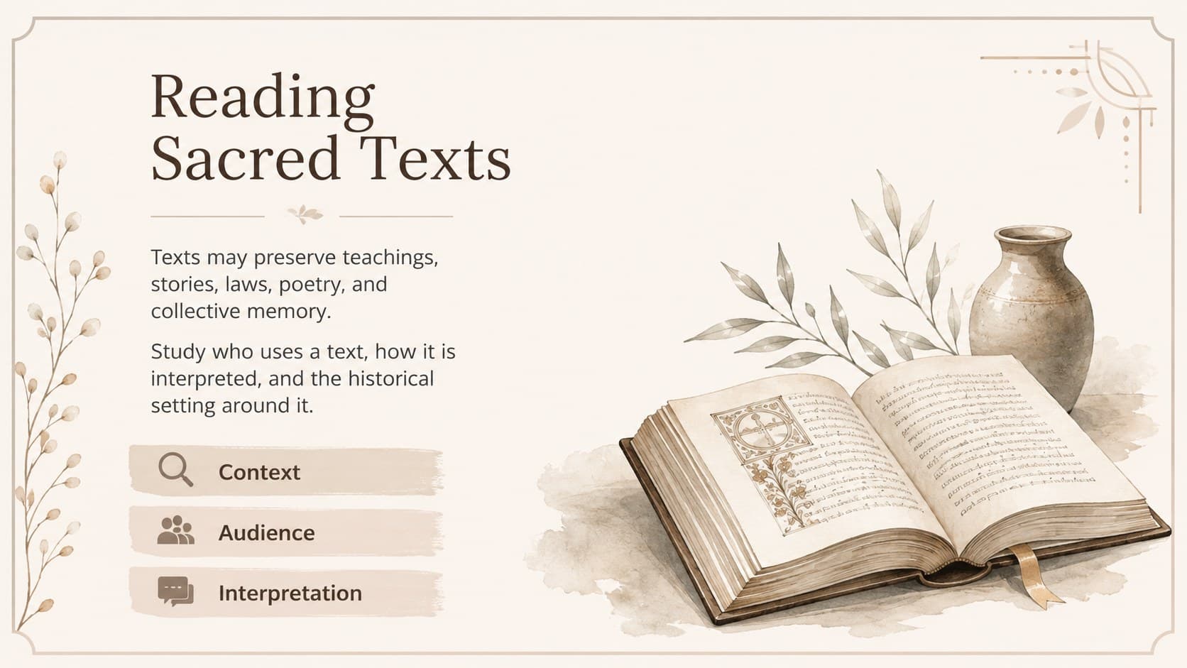 Sacred traditions classroom deck slide about studying religious texts in context.