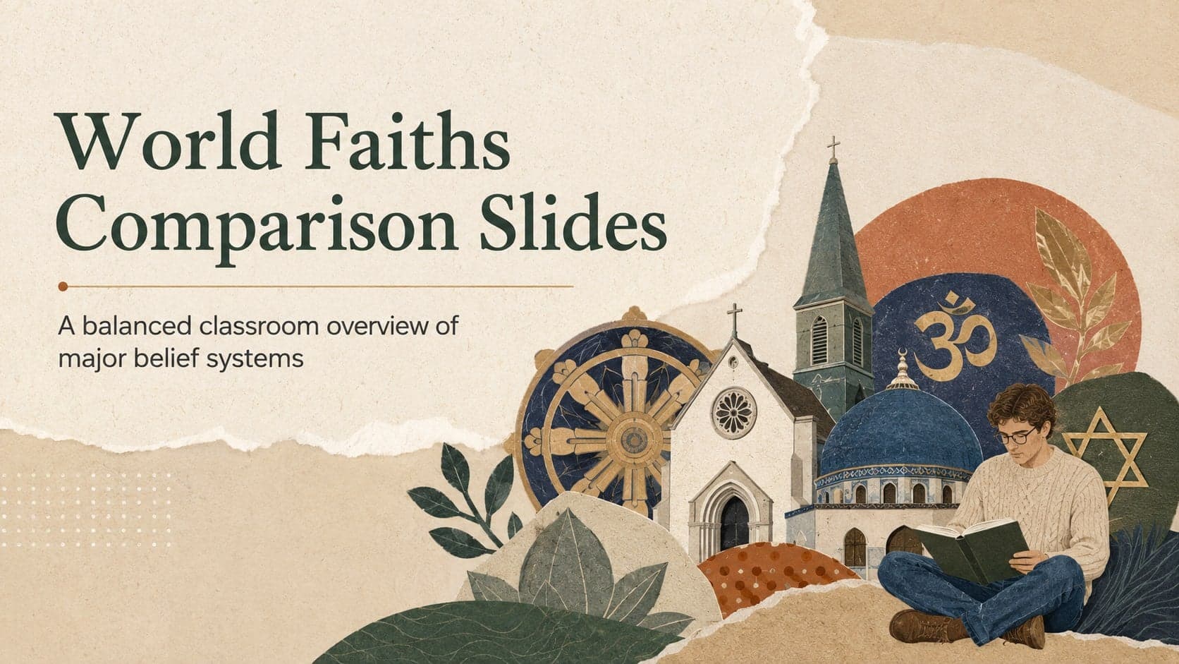 Cover for World Faiths Comparison Slides featuring a warm beige educational collage with symbolic cultural objects.
