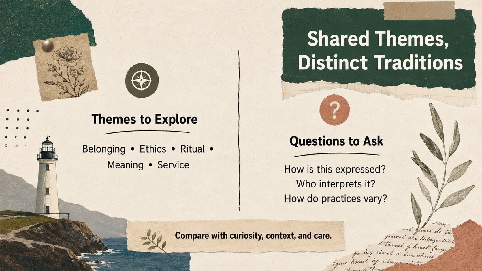 Comparative religion lesson slide showing shared themes and distinct traditions with neutral beige infographic columns.