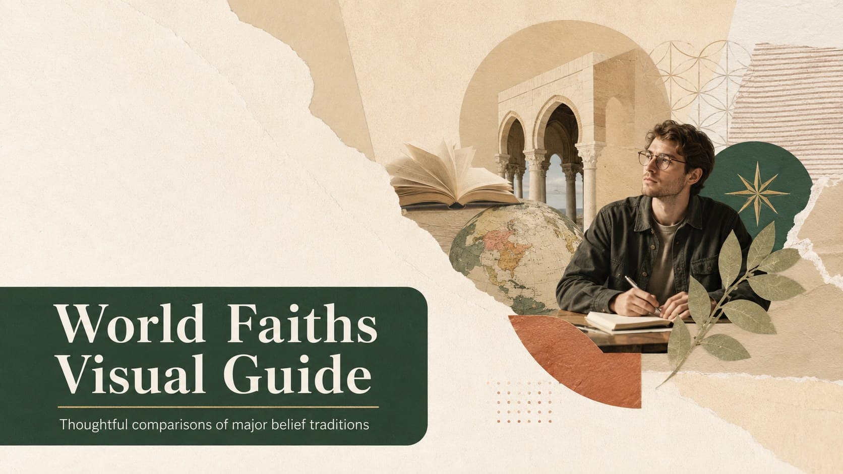 Cover of the World Faiths Visual Guide with beige editorial collage elements and classroom-focused typography.