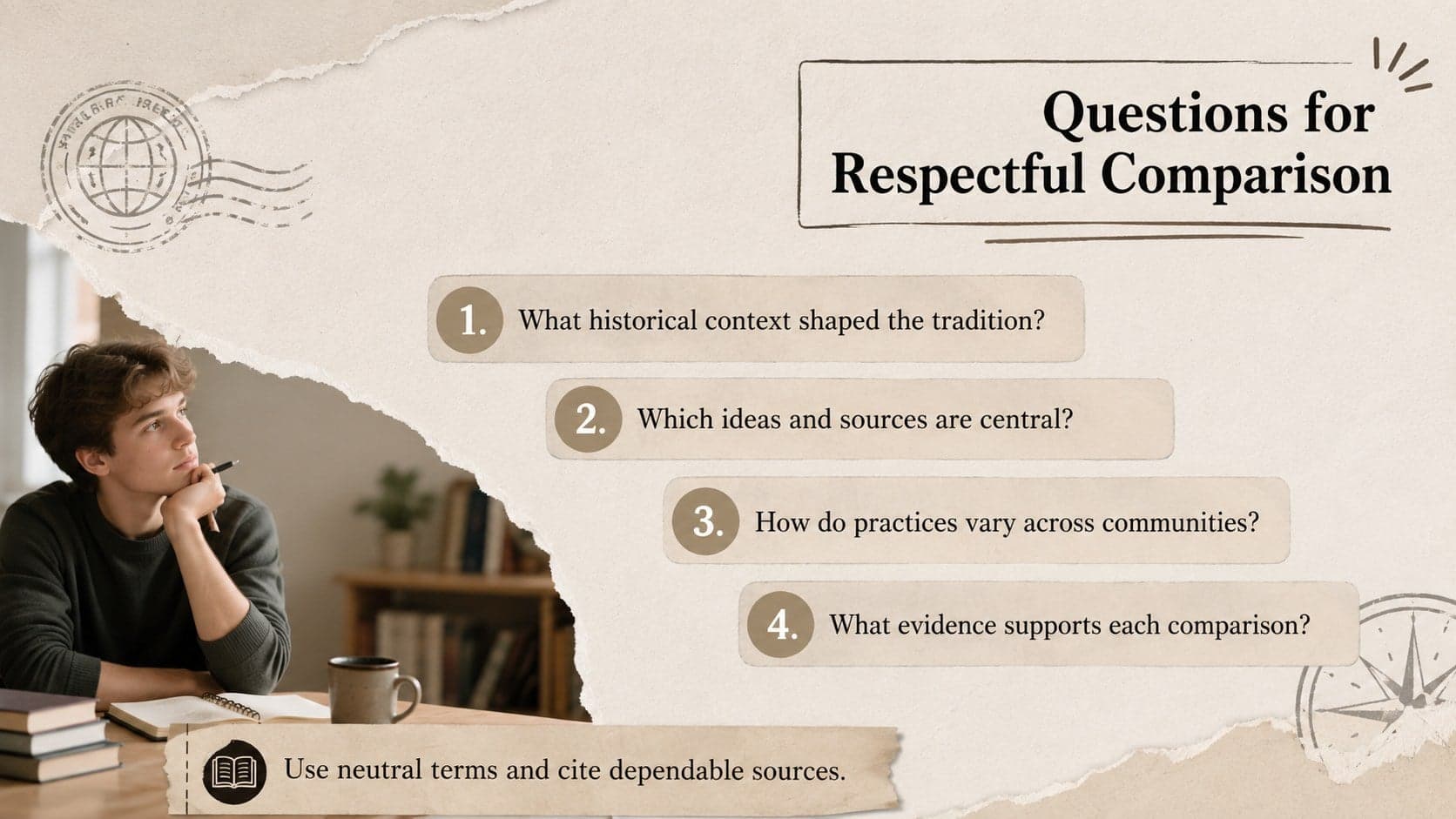 Religious studies classroom slide presenting respectful comparison questions in a structured beige collage design.