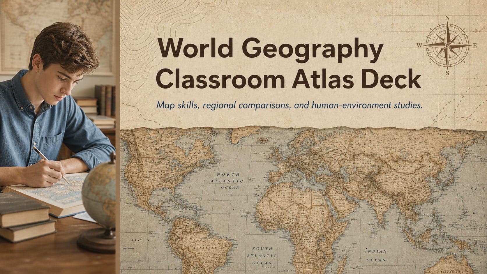 Cover of the World Geography Classroom Atlas Deck with an archival map, landscape photography, and a brown and blue educational palette.