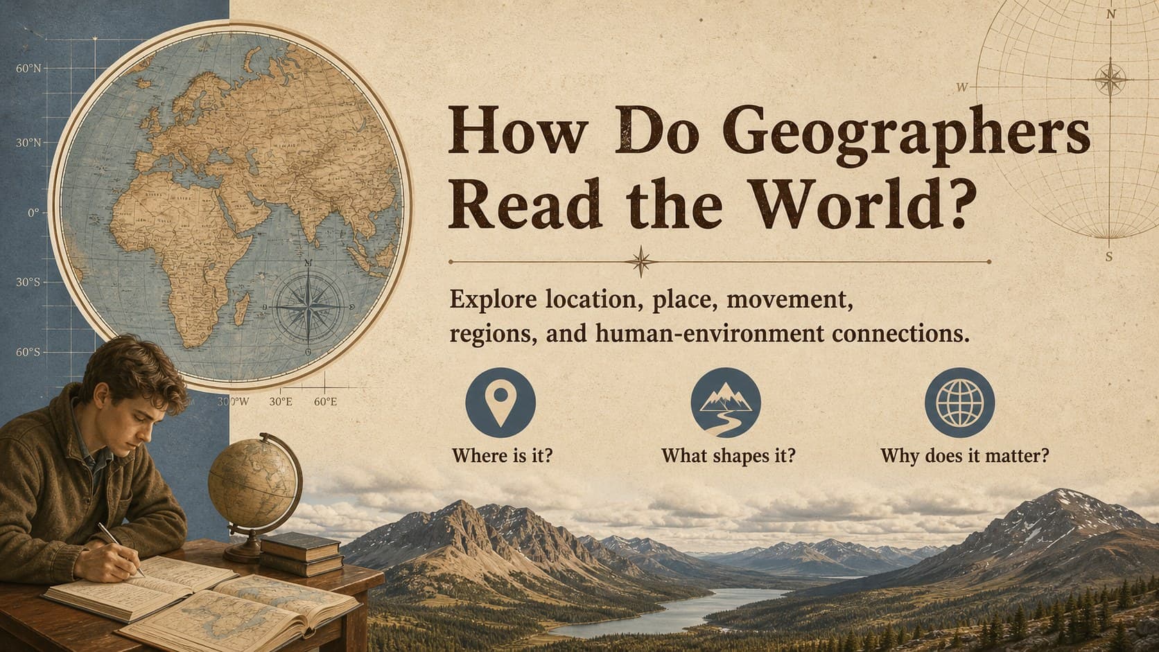 Vintage world geography lesson overview slide presenting essential questions beside a map and field photography.