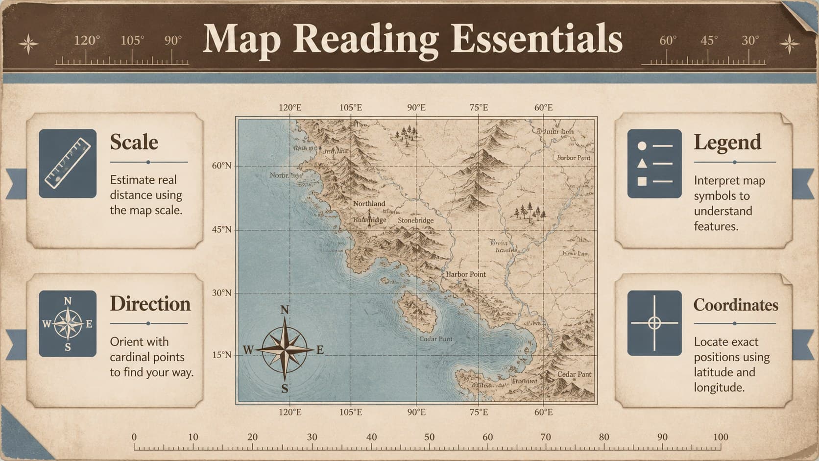 Map reading lesson slide explaining scale, symbols, direction, and coordinates in a minimal atlas layout.