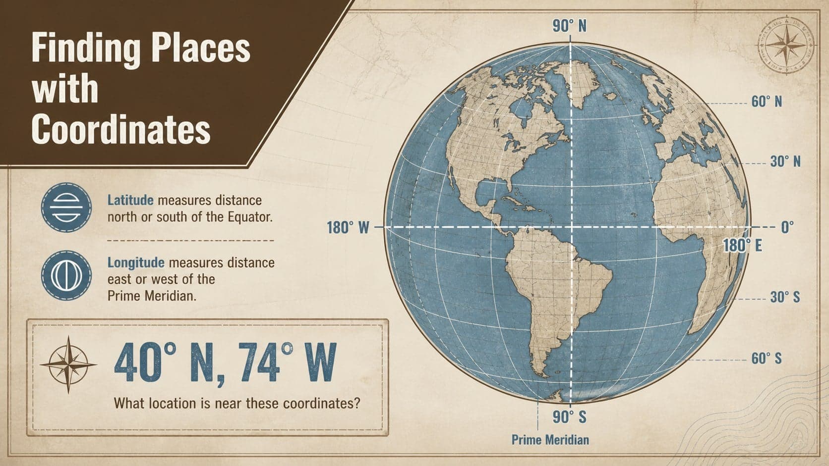 Geography classroom slide showing latitude and longitude with a blue globe diagram and coordinate examples.