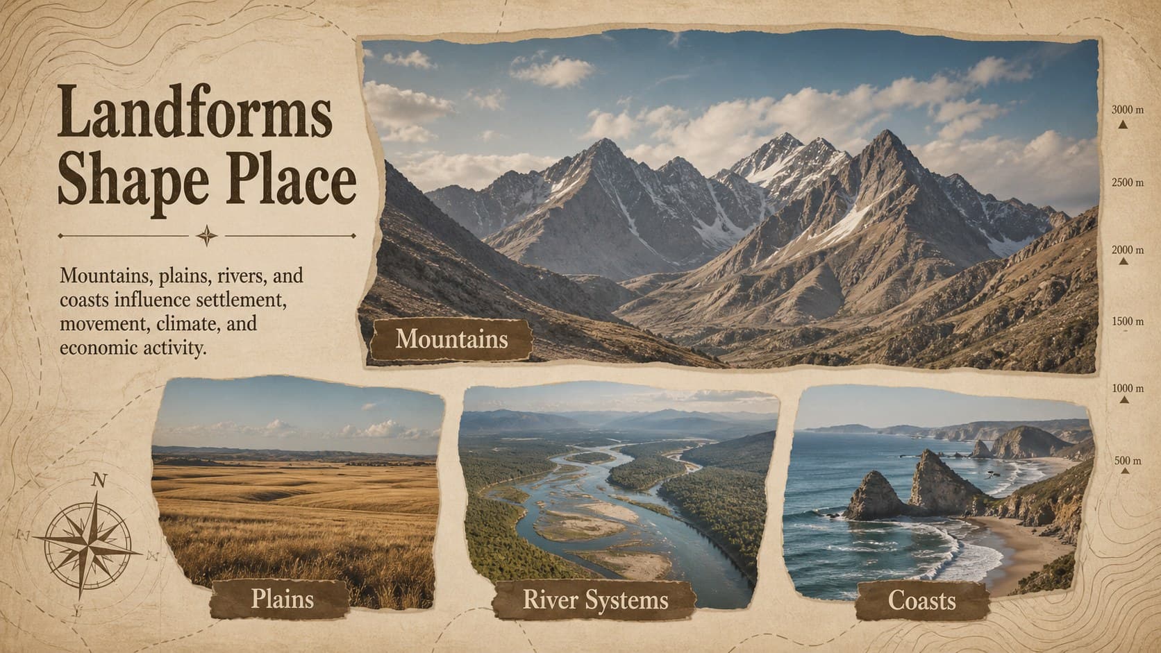 Physical geography slide comparing mountains, plains, rivers, and coasts with photo-led brown and blue panels.