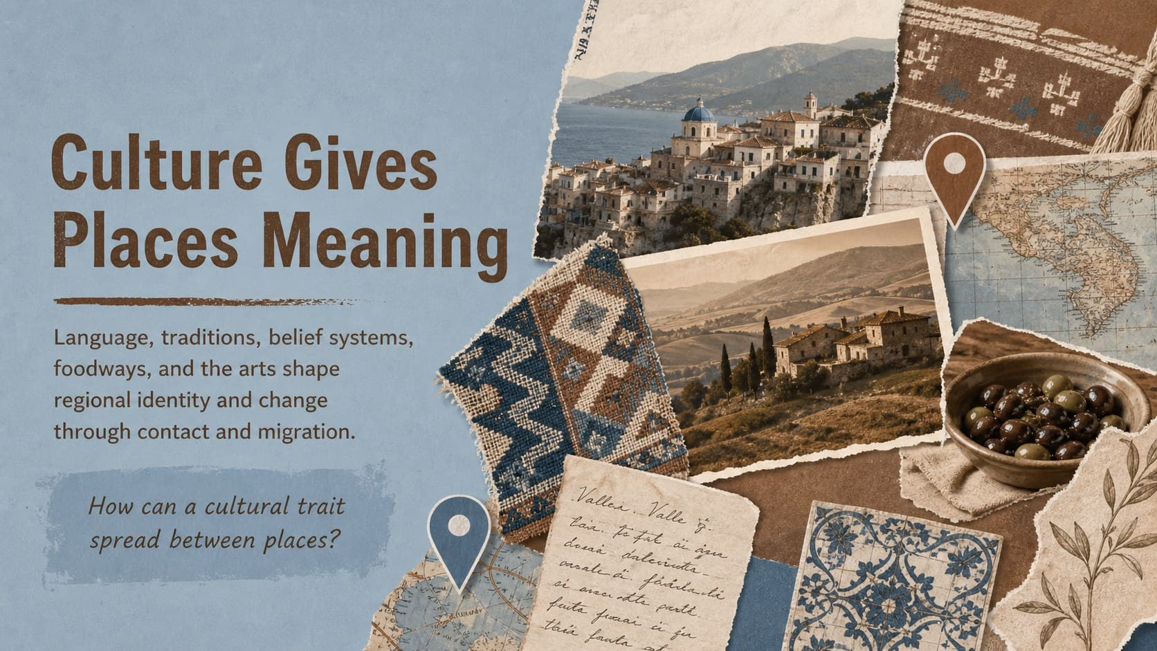 Cultural geography classroom slide covering language, traditions, belief, and identity with an archival collage.