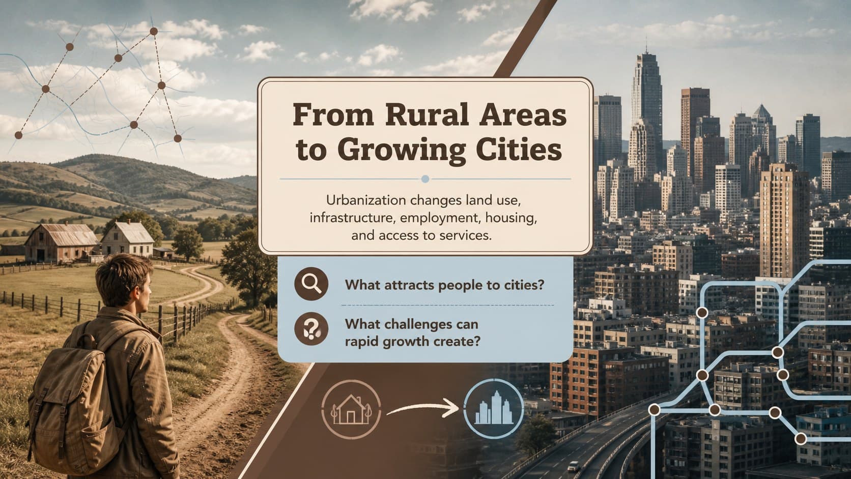 Urbanization lesson slide comparing city growth and rural landscapes through photos and concise geography notes.