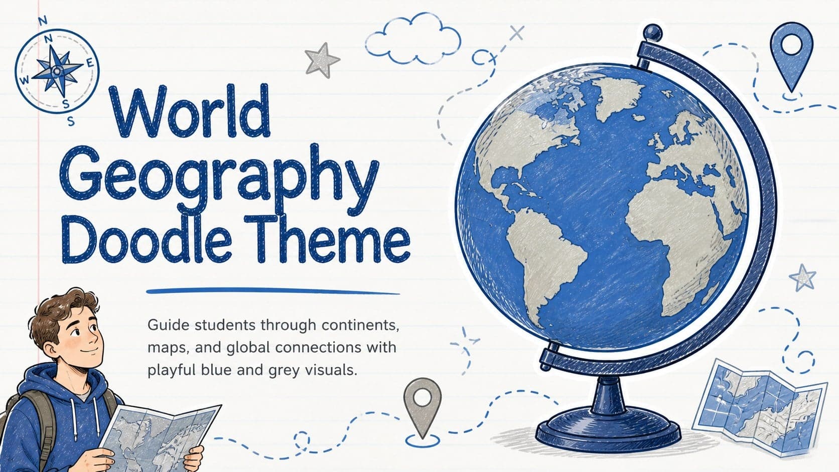 Cover of the World Geography Doodle Theme with a playful globe and blue and grey classroom illustrations.