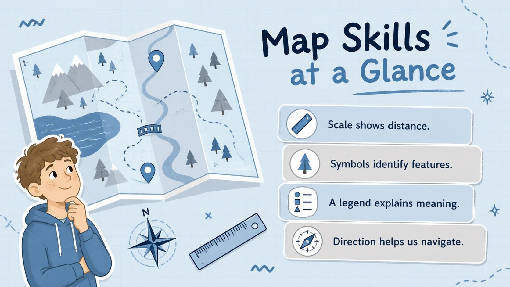 Illustrated geography classroom slide defining maps, scale, symbols, and direction.