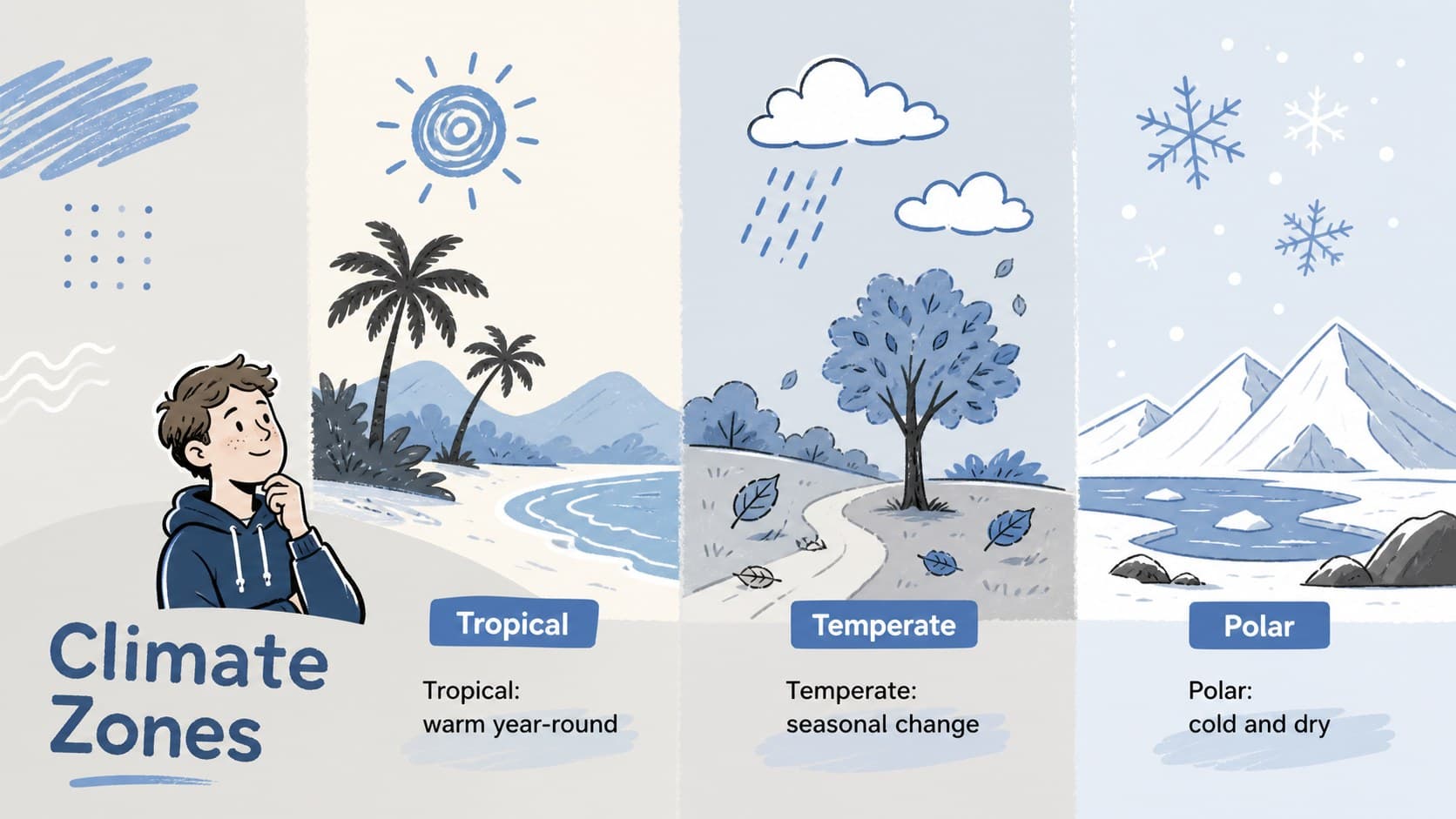 Illustrated geography classroom slide comparing tropical, temperate, and polar climate zones.