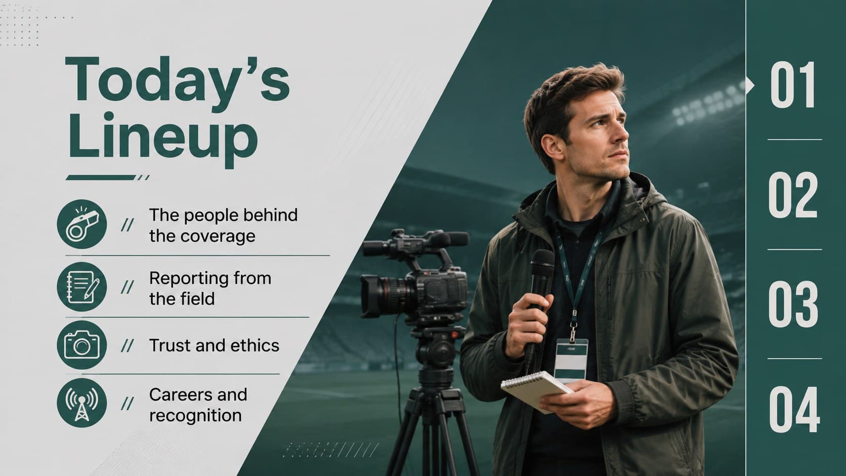 Agenda slide outlining a sports media appreciation presentation for journalists and event organizers.