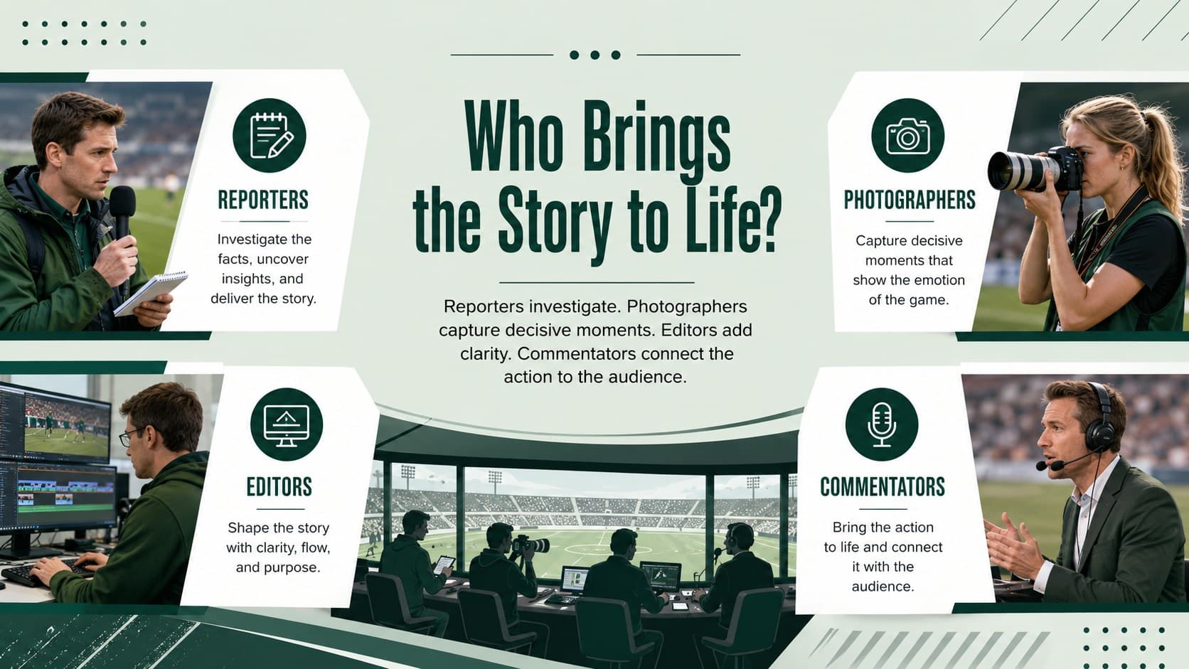 Sports press overview slide highlighting the professionals responsible for athletic news coverage.