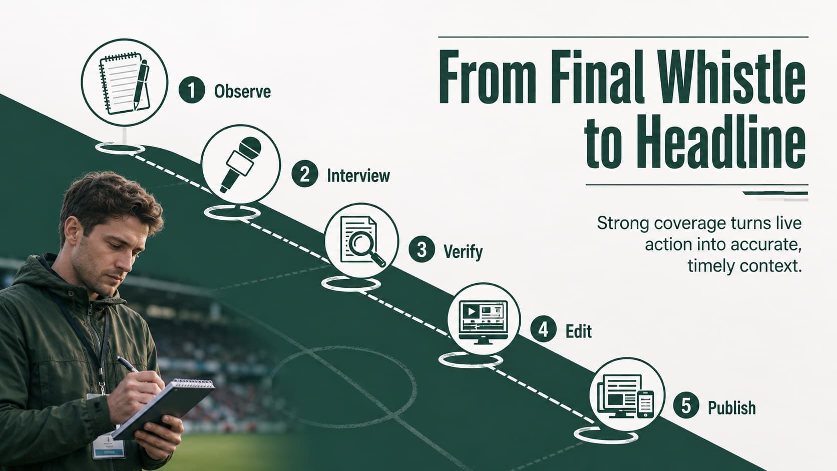 Sports reporting workflow slide showing the path from live action to published coverage.
