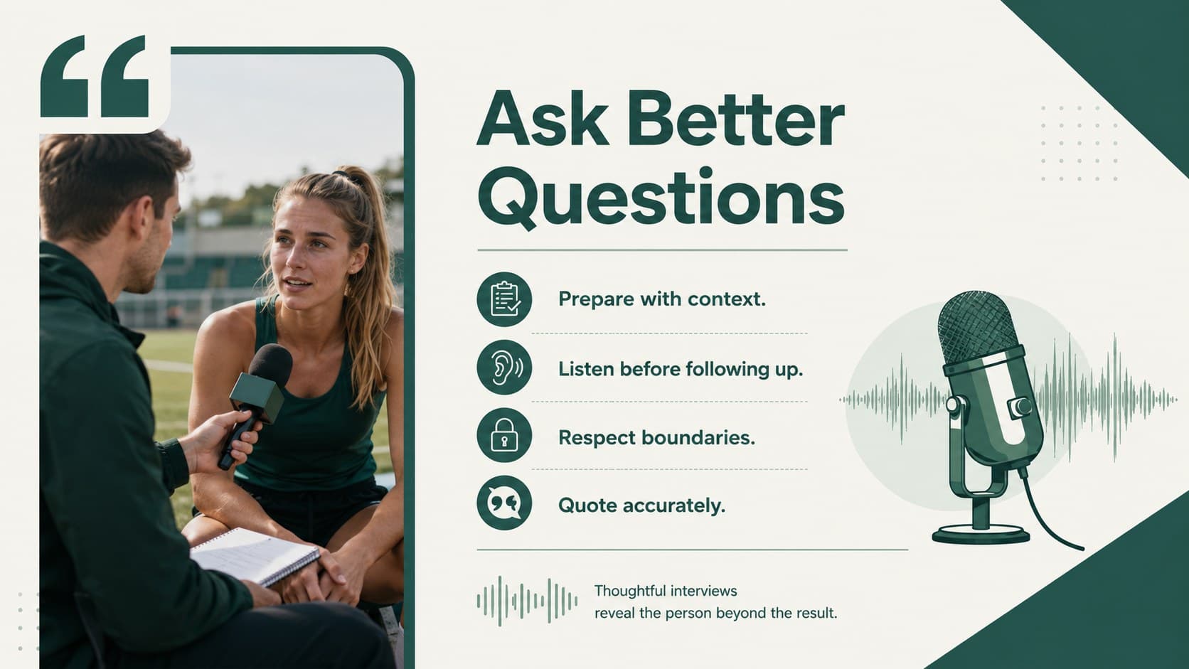 Athlete interview guidance page from a modern sports reporter tribute slide deck.