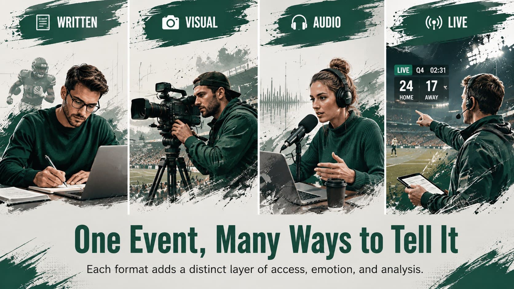 Green editorial presentation template slide comparing written, visual, audio, and live sports coverage.