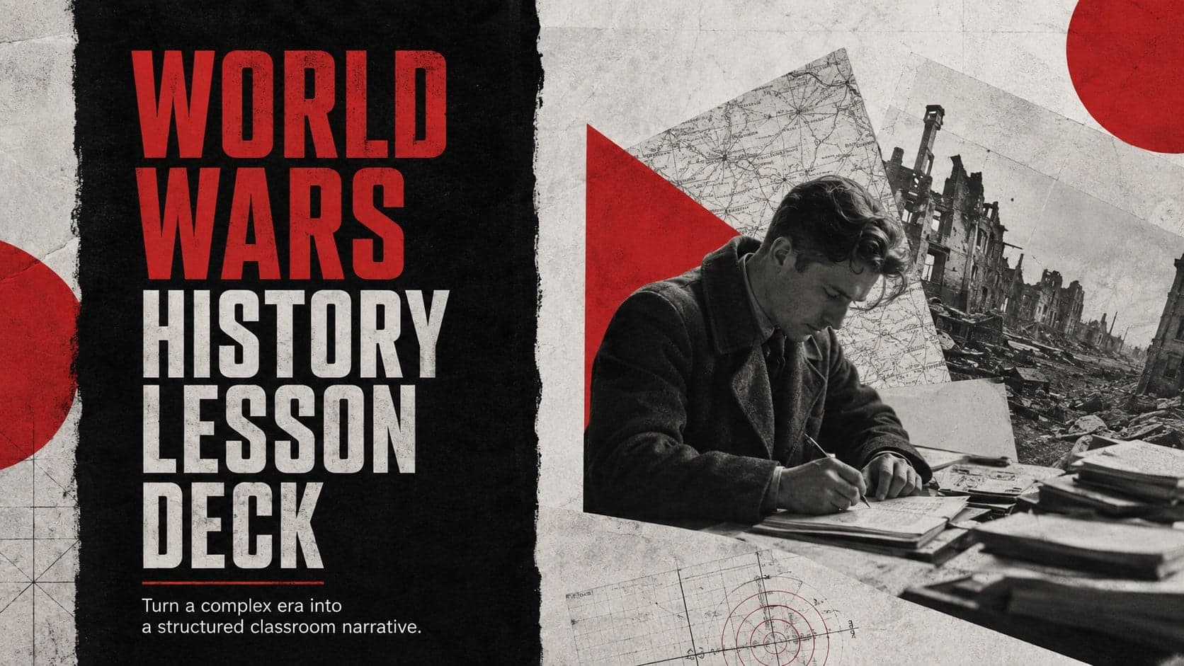 Cover of a World Wars history lesson deck with bold red accents, monochrome archival imagery, and modern classroom typography.