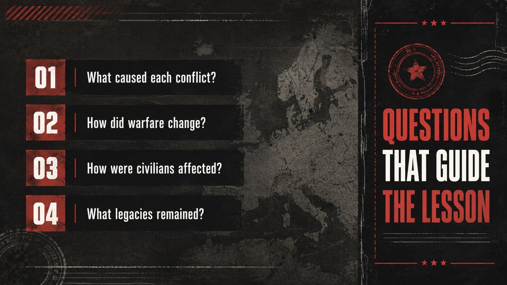 World Wars presentation overview slide outlining key questions about causes, conflict, civilians, and lasting consequences.